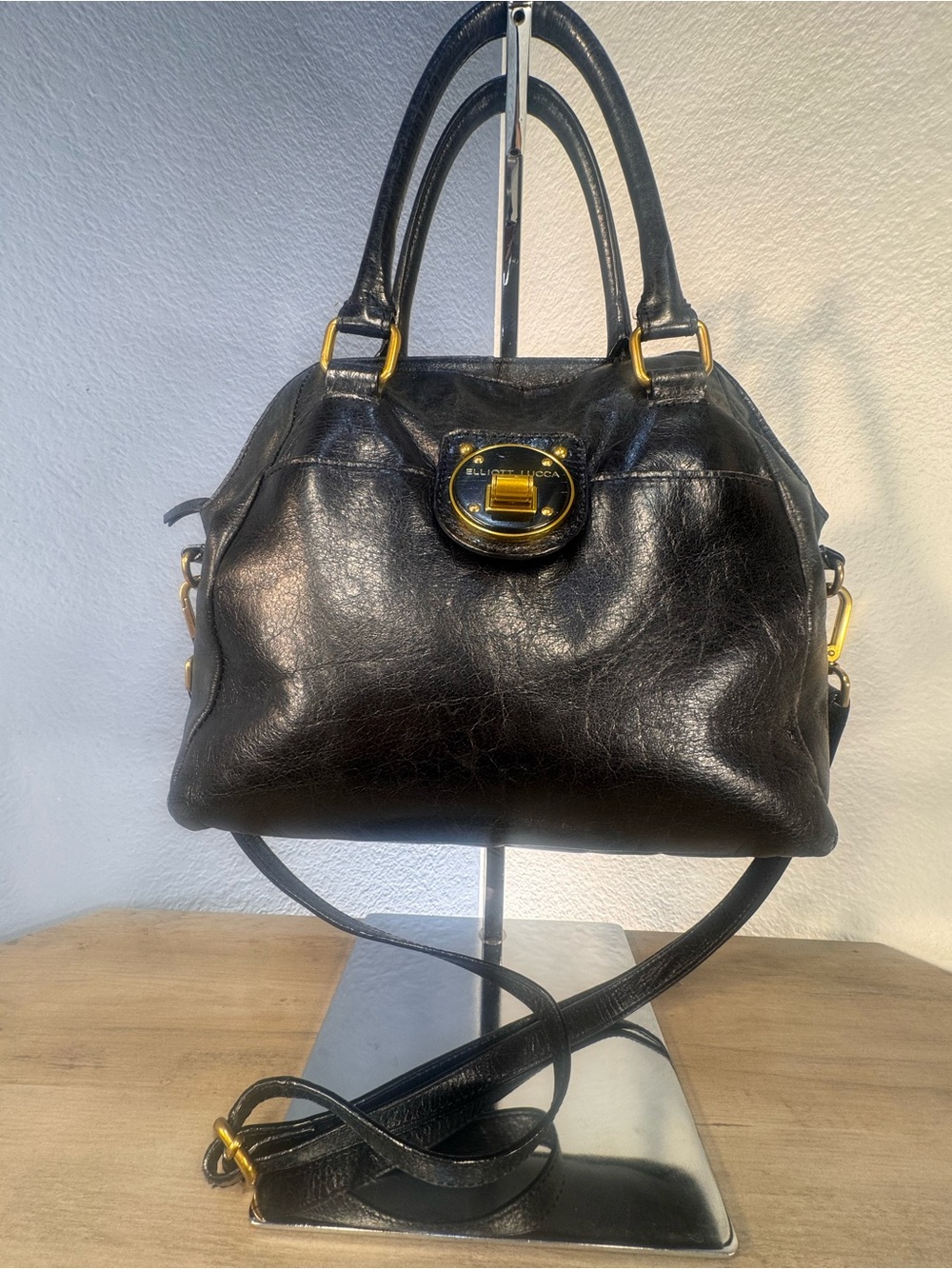Elliott Lucca Black Leather Satchel Crossbody Gold Turn Lock Shoulder Bag